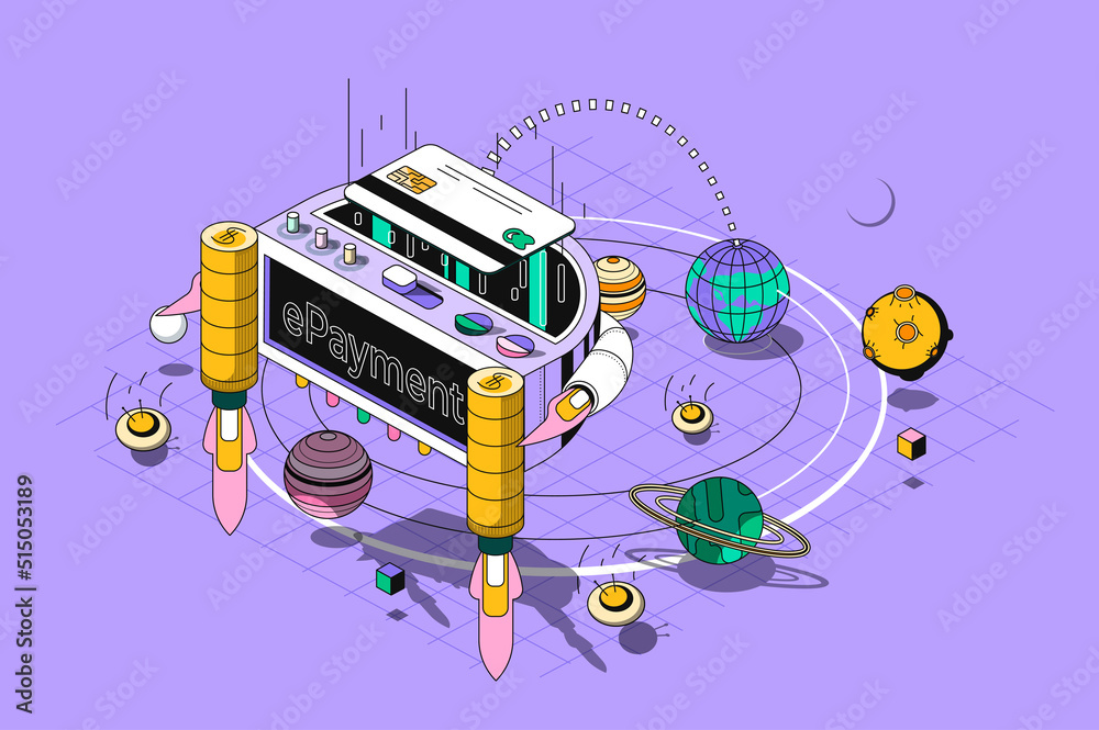 Leinwandbilder E-payment concept 3d isometric outline web design. Banking services for purchases paying with credit card using apps, online transfer. Vector web illustration with abstract line people composition