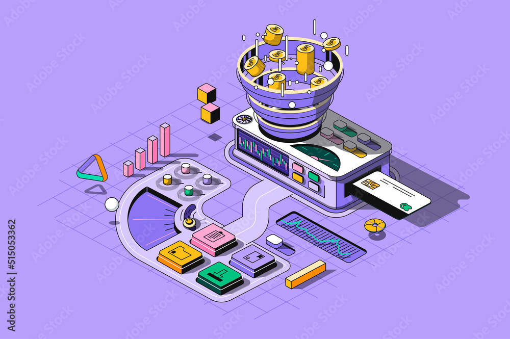 Aufkleber Sale funnel concept 3d isometric outline web design. Internet marketing tools for generation leads and sales and customer attracting. Vector web illustration with abstract line people composition