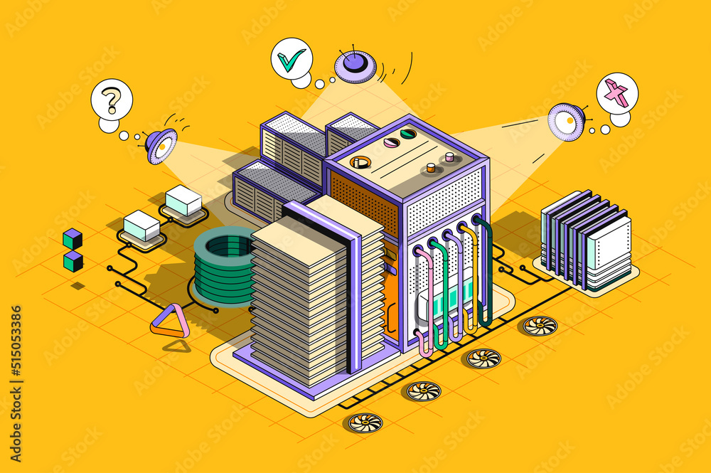 Poster Server maintenance concept 3d isometric outline web design. Technical support, computer hardware, computing and cloud storage equipment. Vector web illustration with abstract line people composition