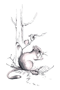 mouse sitting near tree black and white clip art preview