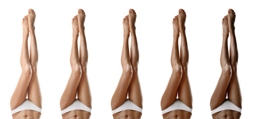 Collage with photos of women with smooth silky skin after epilation, closeup view of legs. Banner...