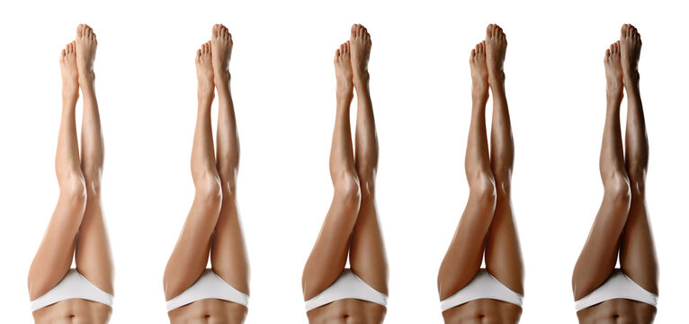 Collage with photos of women with smooth silky skin after epilation, closeup view of legs. Banner design