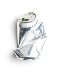 Empty crumpled can isolated on white background.