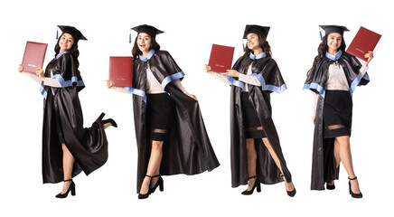 Set of indian race ethnicity woman student, university graduate with red diploma isolated on white....