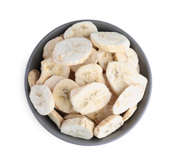 Fototapeta na wymiar Freeze dried bananas in bowl on white background, top view