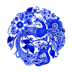 Watercolor blue and white circular floral composition, bird and flowers. Hand-painted illustration isolated on white background. Chinoiserie style motif. - 515054713