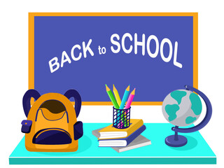 Back to school concept. Teacher's table with school backpack, books, pencils, globe on the chalkboard background