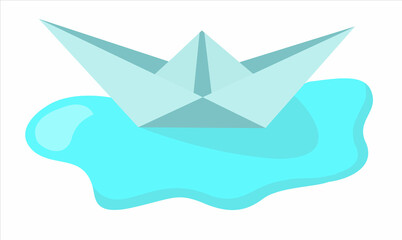 Fototapeta na wymiar Vector blue paper boat on the water colored with no outline. The theme of summer, spring, Easter.