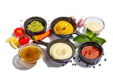 Set of sauces isolated on white background. Ketchup, mustard, mayonnaise, wasabi