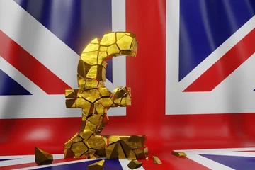 Foto op Aluminium Large broken pound sign on the UK flag background to illustrate the financial problems of the United Kingdom. © Dragon Claws