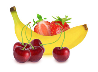 Cherry, strawberry and banana on an isolated white background.