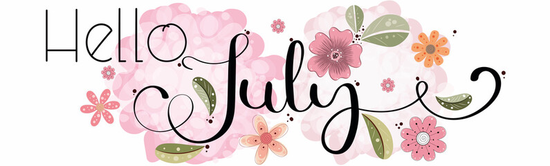 Hello July. JULY month vector with flowers and leaves. Decoration floral. Illustration month July	
 - obrazy, fototapety, plakaty