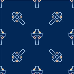 Line Celtic cross icon isolated seamless pattern on blue background. Happy Saint Patricks day. National Irish holiday. Vector