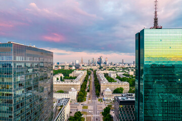 Warsaw, city centre panorama at sunset, business centre 2022. Sunset reflected in buildings. © hunter76