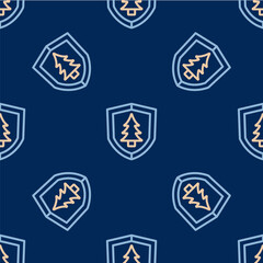 Naklejka premium Line Shield with tree icon isolated seamless pattern on blue background. Eco-friendly security shield with tree. Vector