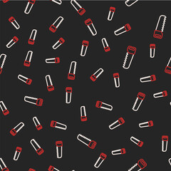 Line Hand saw icon isolated seamless pattern on black background. Vector