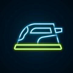Fototapeta na wymiar Glowing neon line Electric iron icon isolated on black background. Steam iron. Colorful outline concept. Vector