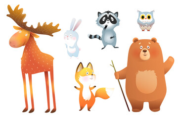 Naklejka premium Forest animals cute colorful separate clipart, illustration collection for children. Bear moose raccoon bunny fox and owl, funny adorable animals set. Isolated vector clipart.