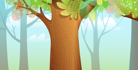 Forest or jungle trees scenery wallpaper illustration for children. Illustrated woods scene, with big thick trunk in the middle. Vector horizontal background for kids. © Popmarleo