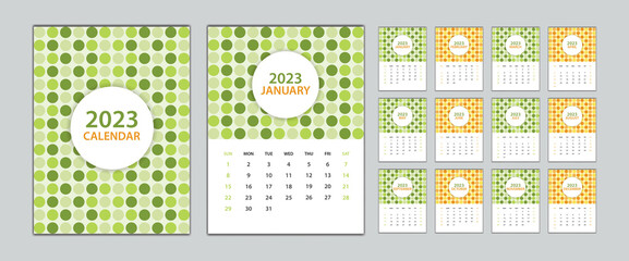 calendar 2023 template circle graphic concept, Desk Calendar 2023 design Set, wall calendar 2023 design, Poster, circle cover design, Set of 12 Months, Week start Sunday, advertisement, printing