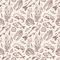 Vector hand drawn seafood seamless pattern with mussel, fish salmon and shrimp. Lobster, squid, scallop and tuna for product market or seafood restaurant