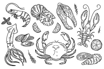 Hand drawn Seafood set. Decorative doodle illustration of squid, salmon, scallops, lobster, crab, shellfish and mussels. Vector illustration in old ink style