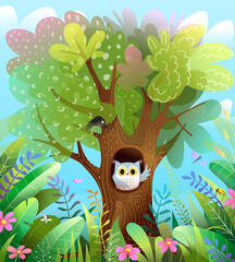 Owl sitting in hollow tree in forest and greeting, wallpaper illustration for children with green nature and woods. Vector nature background for kids.