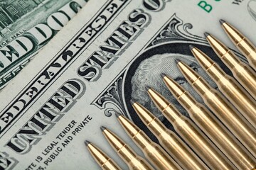 Cartridges with bullets in a bandolier, dollar bills. Concept: sale of weapons under lend-lease,...