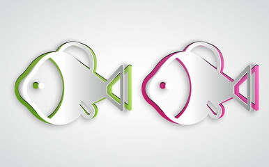 Paper cut Fish icon isolated on grey background. Paper art style. Vector