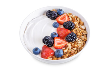 Fresh breakfast with greek yogurt nuts oatmeal granola with berries in a bowl on a white isolated background