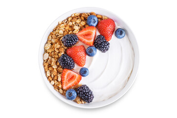 Fresh breakfast with greek yogurt nuts oatmeal granola with berries in a bowl on a white isolated background