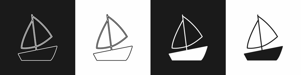 Set Yacht sailboat or sailing ship icon isolated on black and white background. Sail boat marine cruise travel. Vector
