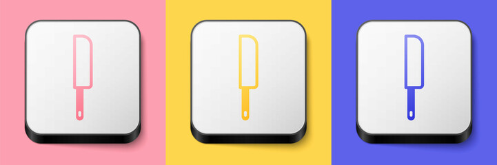 Isometric Knife icon isolated on pink, yellow and blue background. Cutlery symbol. Square button. Vector