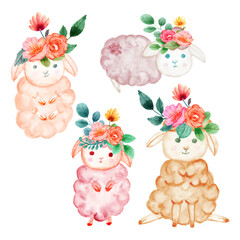set of sheep with flower for baby shower