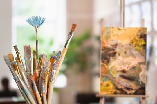 Paint brush and art painter tools. Paintbrush for painting in artist studio workplace