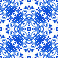 Traditional ornate portuguese azulejos. Blue watercolor painting backdrop for, print, pillows, surface,