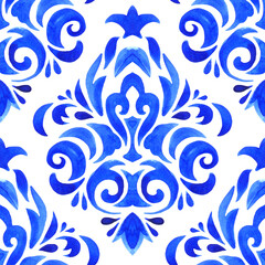 Watercolor blue damask hand drawn floral design. Seamless mediterranean pattern, tiling ornament. Persian abstract flower background.