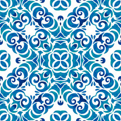 Watercolor blue geometric flower pattern seamless tile design surface