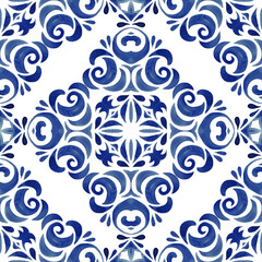 Abstract blue seamless ornamental watercolor arabesque paint tile with flowers.