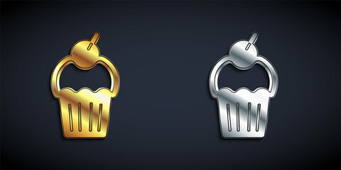 Gold and silver Muffin icon isolated on black background. Long shadow style. Vector