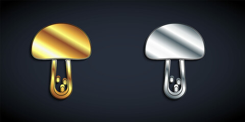 Gold and silver Mushroom icon isolated on black background. Long shadow style. Vector