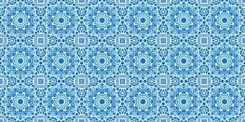 Blue white watercolor azulejo tile border background. Seamless coastal geometrical floral mosaic effect banner. Ornamental arabesque summer fashion repeat edge trim.