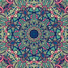 Vector seamless pattern doodle Colorful ethnic tribal geometric psychedelic folkloric style print. Mandala art.