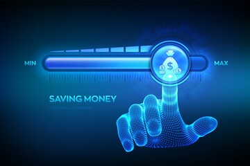 Saving money. Growing capital financial concept. Wireframe hand is pulling up to the maximum position progress bar. Increase wealth, income, retirement, funds, investment. Vector illustration.