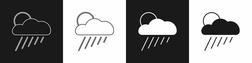Set Cloud with rain and sun icon isolated on black and white background. Rain cloud precipitation with rain drops. Vector