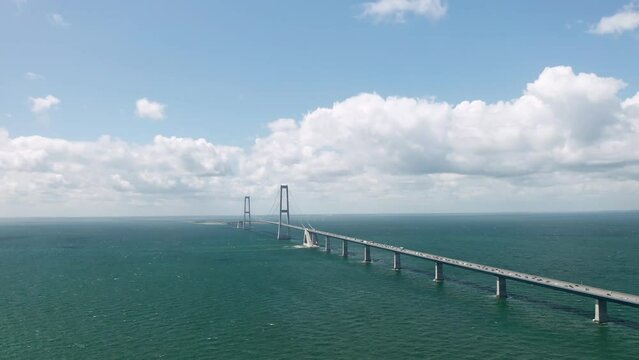 Aerial view on the famous Great Belt suspension bridge (&Oslash;stbroen) in Denmark, a multi-element fixed link crossing the Great Belt strait between the Danish islands of Zealand and Funen