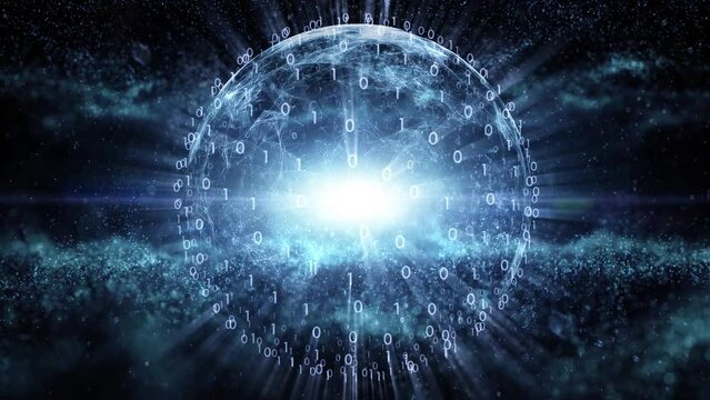 Digital shiny binary code sphere network animation.