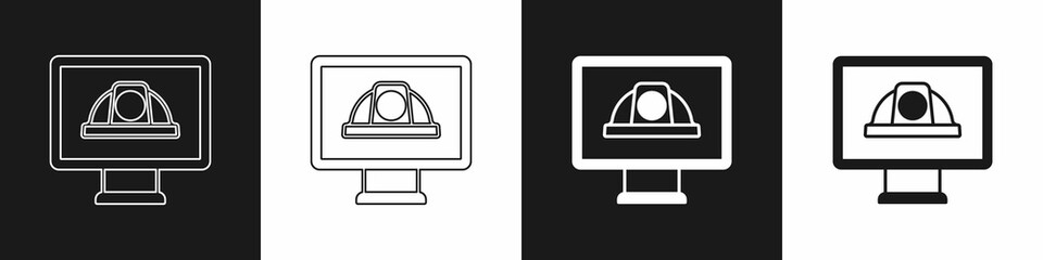 Set Worker safety helmet icon isolated on black and white background. Vector