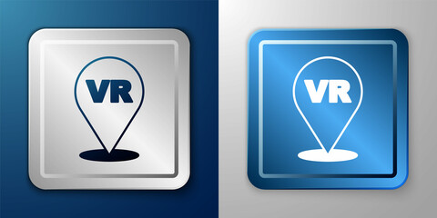 White Virtual reality icon isolated on blue and grey background. Futuristic VR head-up display design. Silver and blue square button. Vector