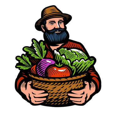 Farmer holding basket full of fresh vegetables. Agriculture, farm, organic food emblem. Cartoon vector illustration
